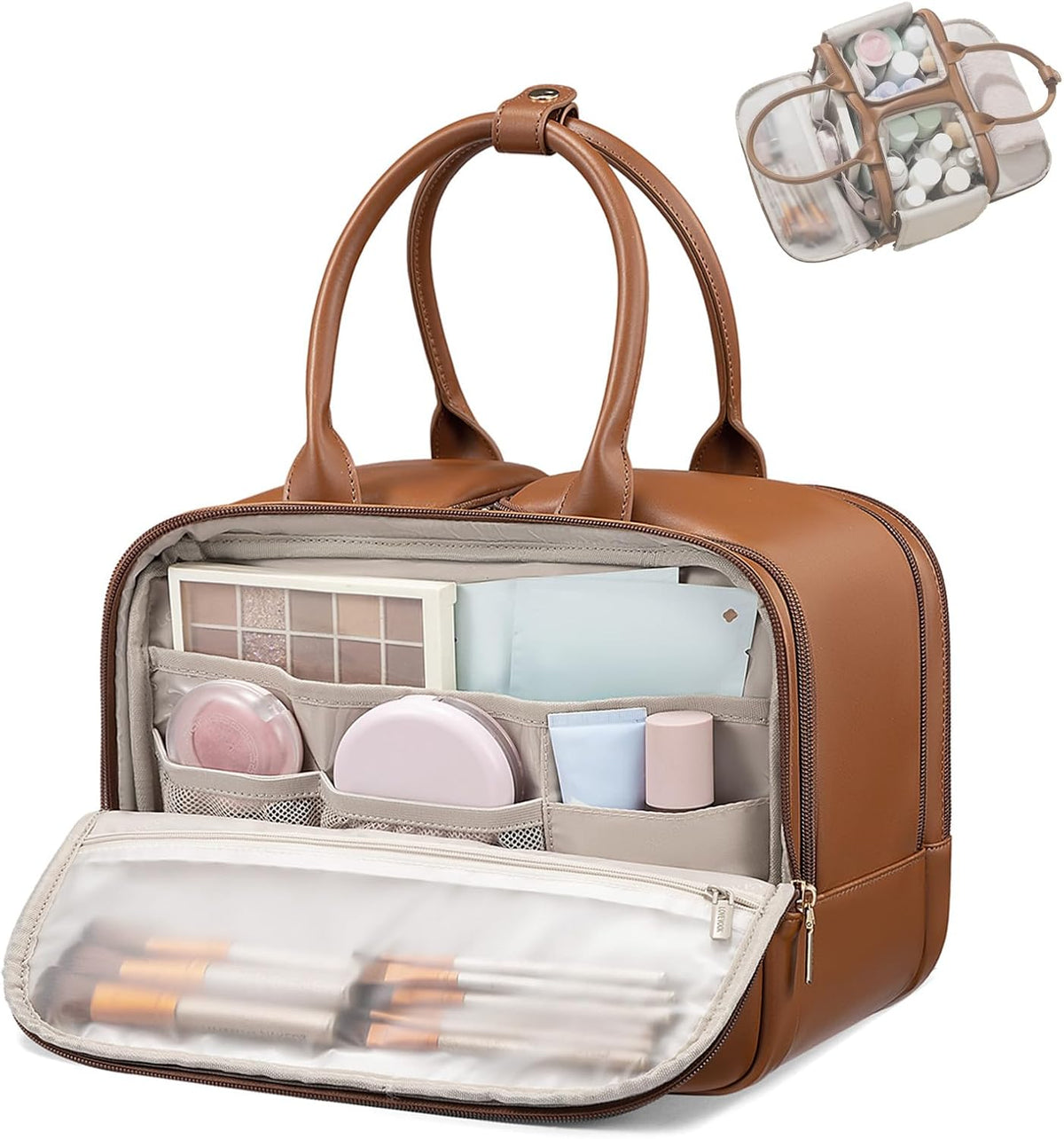 LOVEVOOK Travel Toiletry Bag for women, Leather Large Wide-open Makeup Bag, Waterproof Cosmetic Bag Organizer for Shower, Traveling, Toiletries, Bathroom
