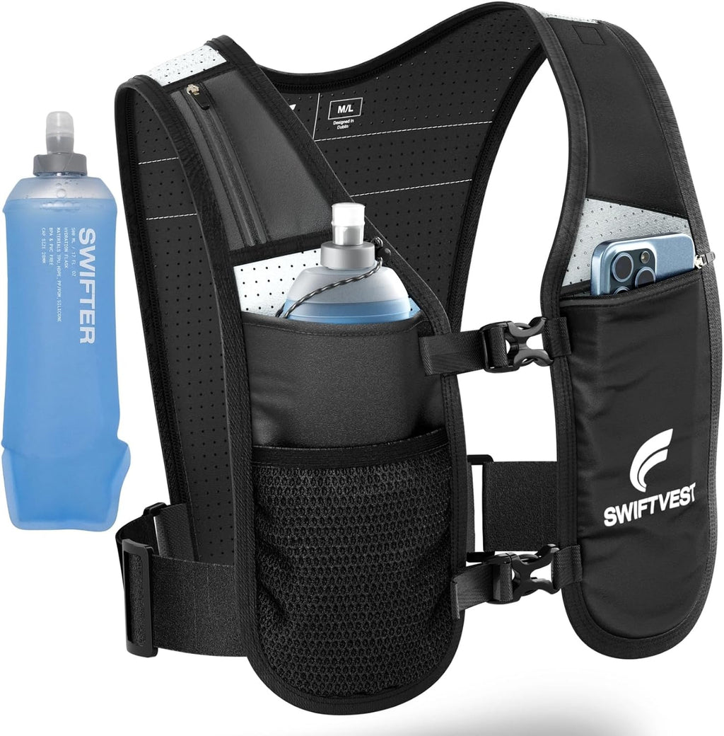 Running Phone Holder Vest with 500ml/17oz Water Bottle | Reflective Hydration Vest | Adjustable | Light | 6 Pockets for Running Accessories | Unisex