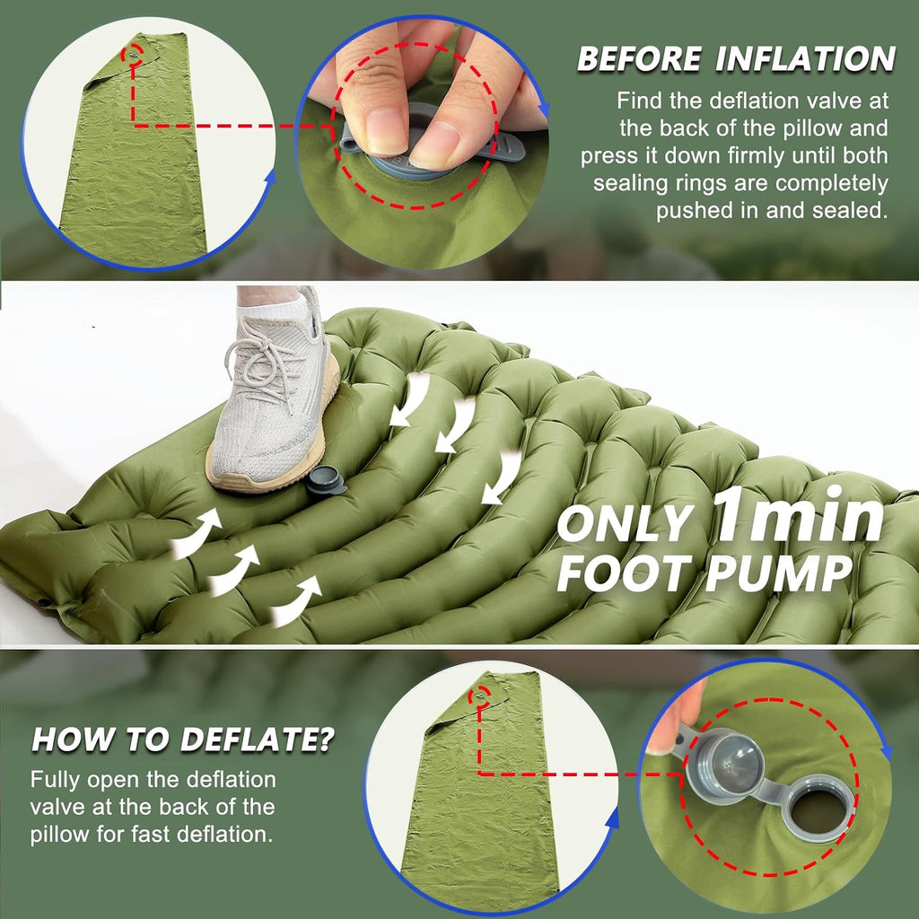 Ultralight Camping Sleeping Pad with Pillow & Built-in Foot Pump