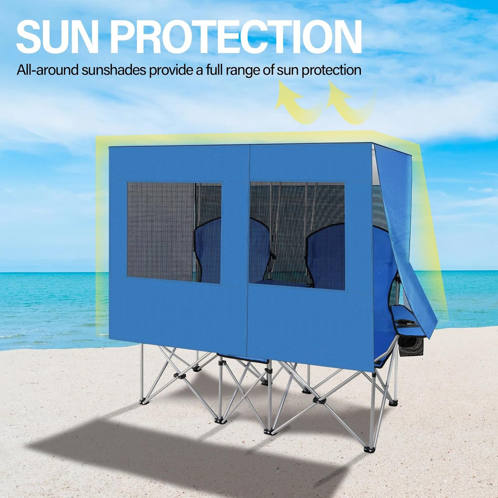 Double Beach Chair with Canopy Shade,Heavy Duty Camping Chair for Aduls,Folding Beach Chair with Cup Holder Cooler Bag for Sports Beach Outside（Blue）