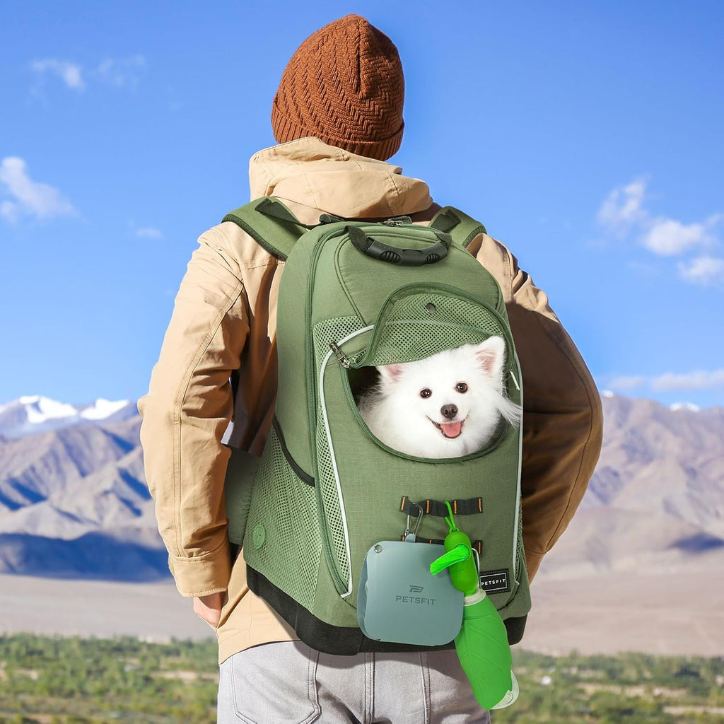Petsfit Pet Dog Carrier Backpack with Upgraded Weight Reduction Design, Cat Dog Backpack with Large Ventilations, Easy-Fit for Traveling Hiking Camping for Small Medium Dogs and Cat, Green