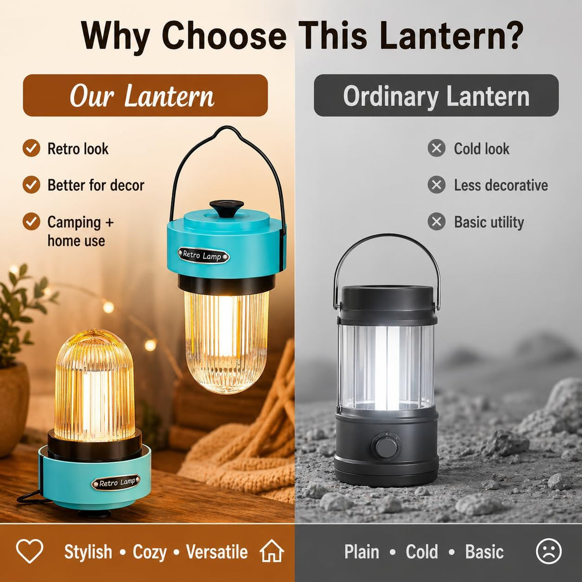 HOMY Rechargeable Camping Lantern 8H Runtime Stepless Dimmable Warm Light