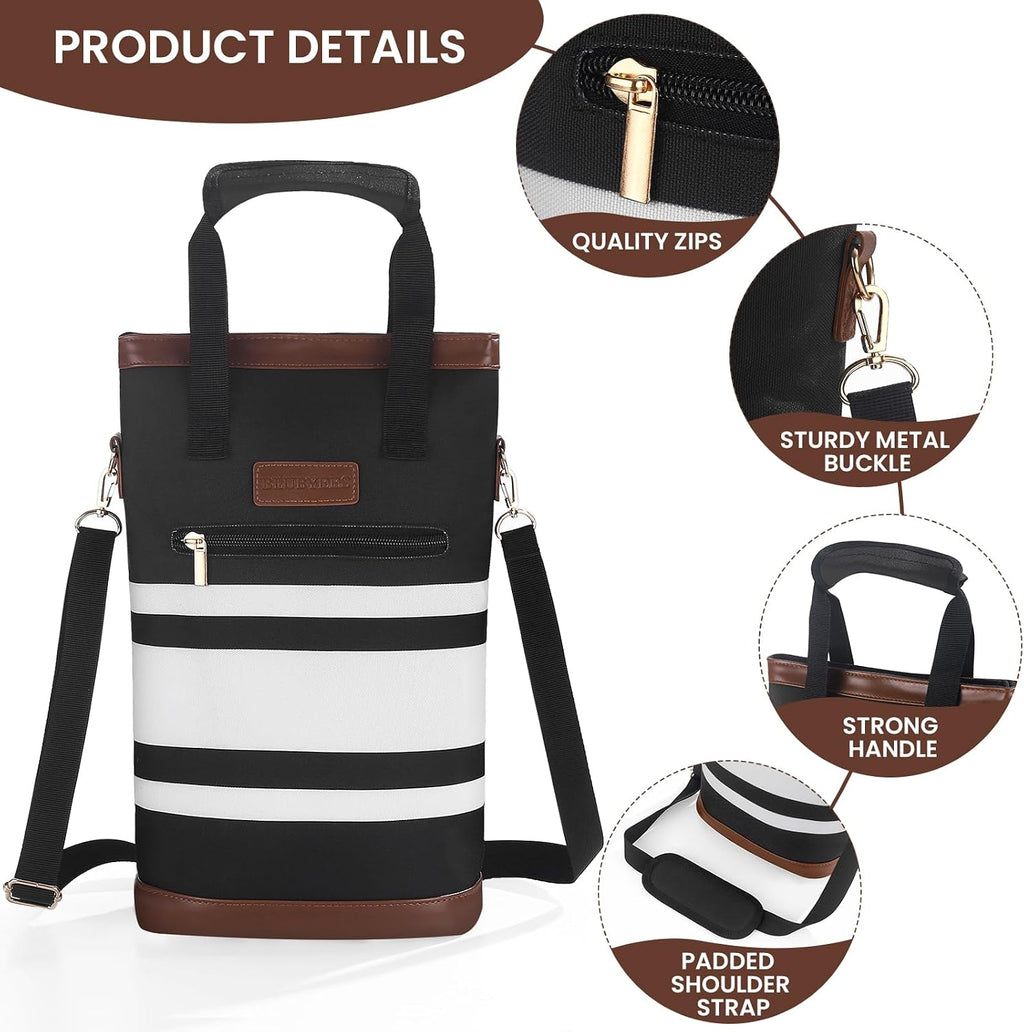 BLUBYEES 2-Bottle Insulated Wine Carrier Tote - Leakproof Padded 900D Oxford Cooler Bag for Travel, Picnics, Beach & Parties