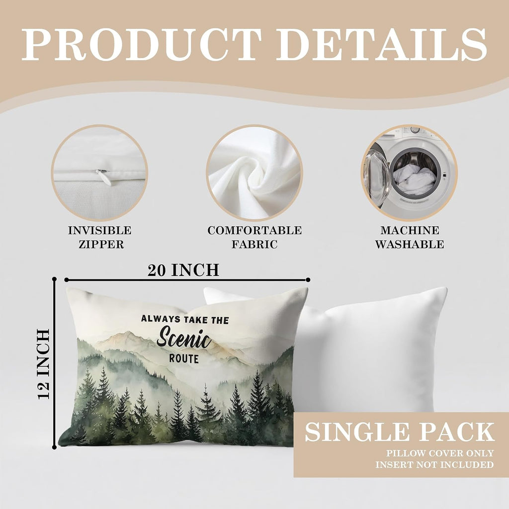 Camping Pillow Cover 12x20,Always Take The Scenic Route,Forest Green Mountain Woods Design,Decorative Rv Camper Pillows,Nature Lover Cottage Core Gifts