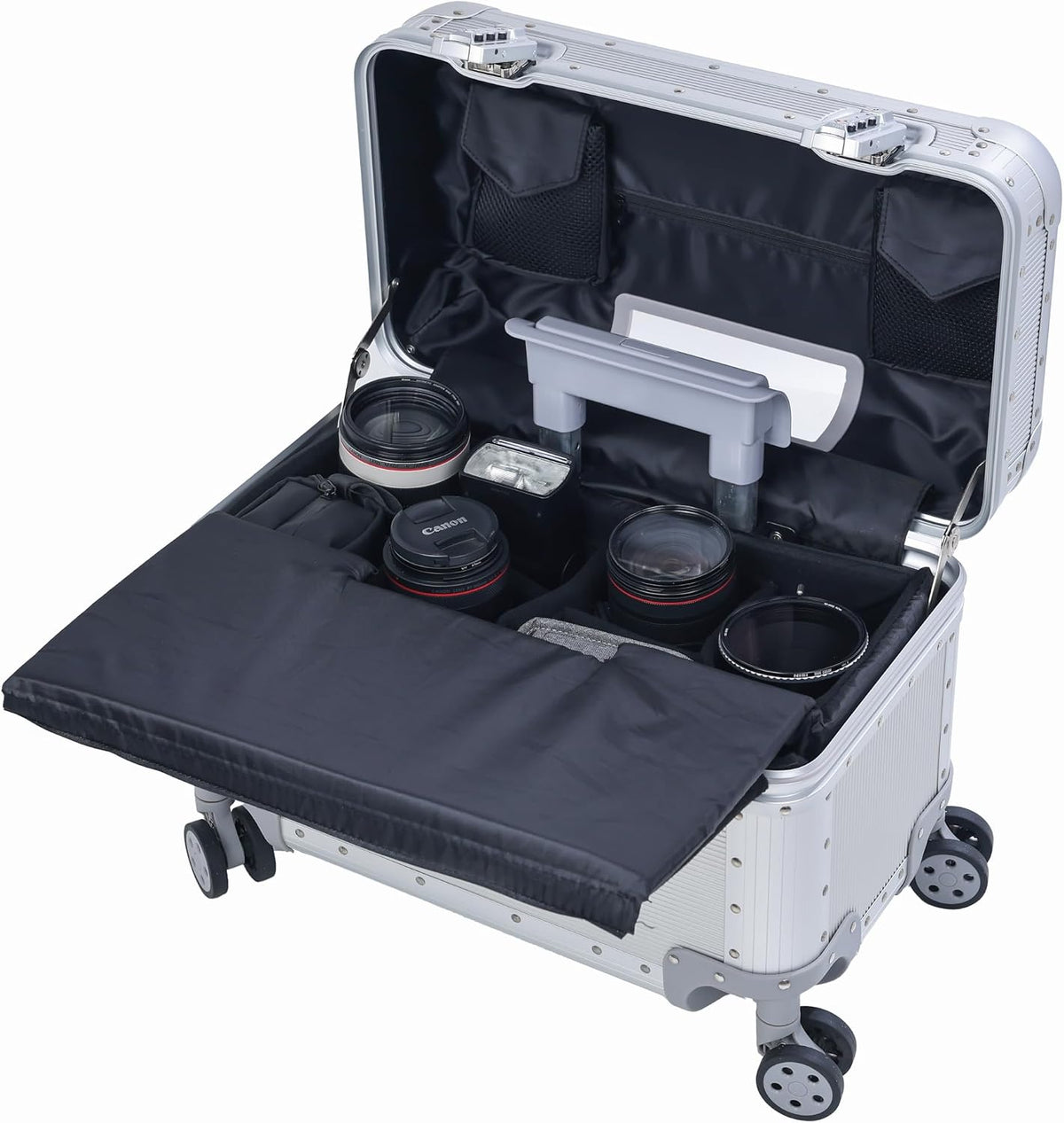 Full Aluminum Carry-On Rolling Camera Bag, Camera Case, Silver