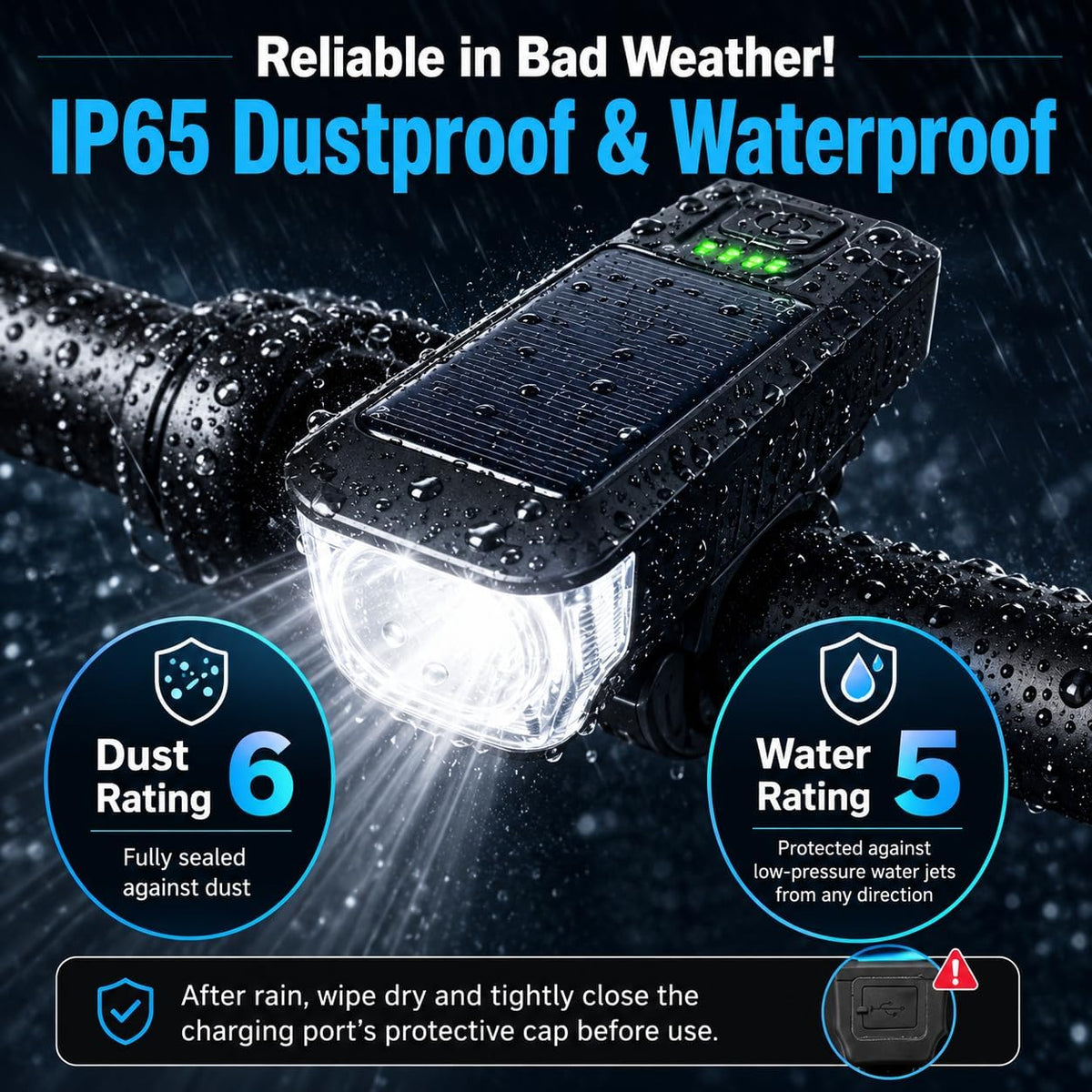 Solar USB-C Rechargeable Bike Light, Waterproof Headlight