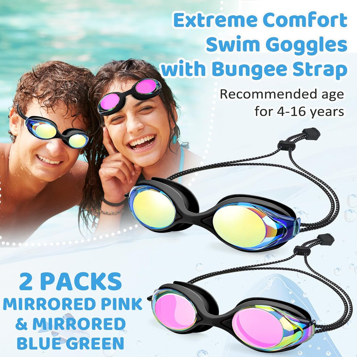 Vvinca Kids Swim Goggles with Bungee Strap，Quick Adjust Kids Goggles 3-14