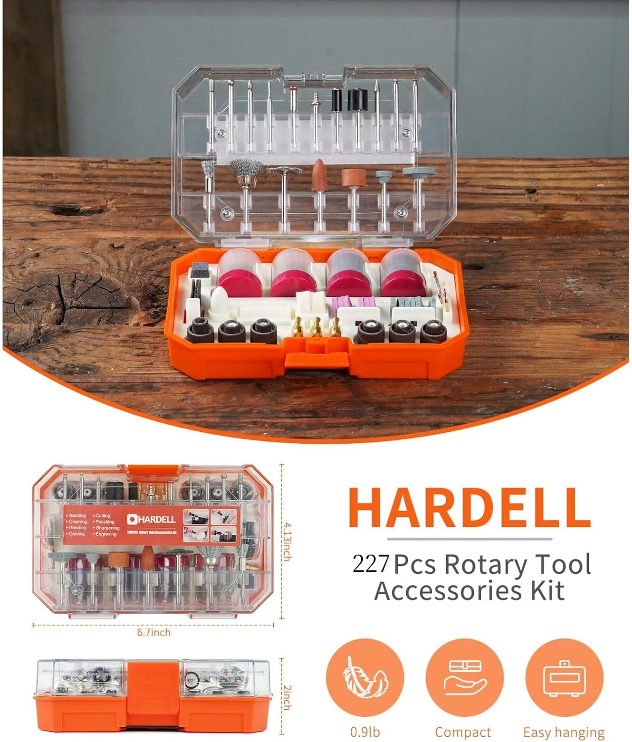 HARDELL 227Pcs Rotary Tool Kit w/ 1/8" Shanks, Sanding & Carving Orange