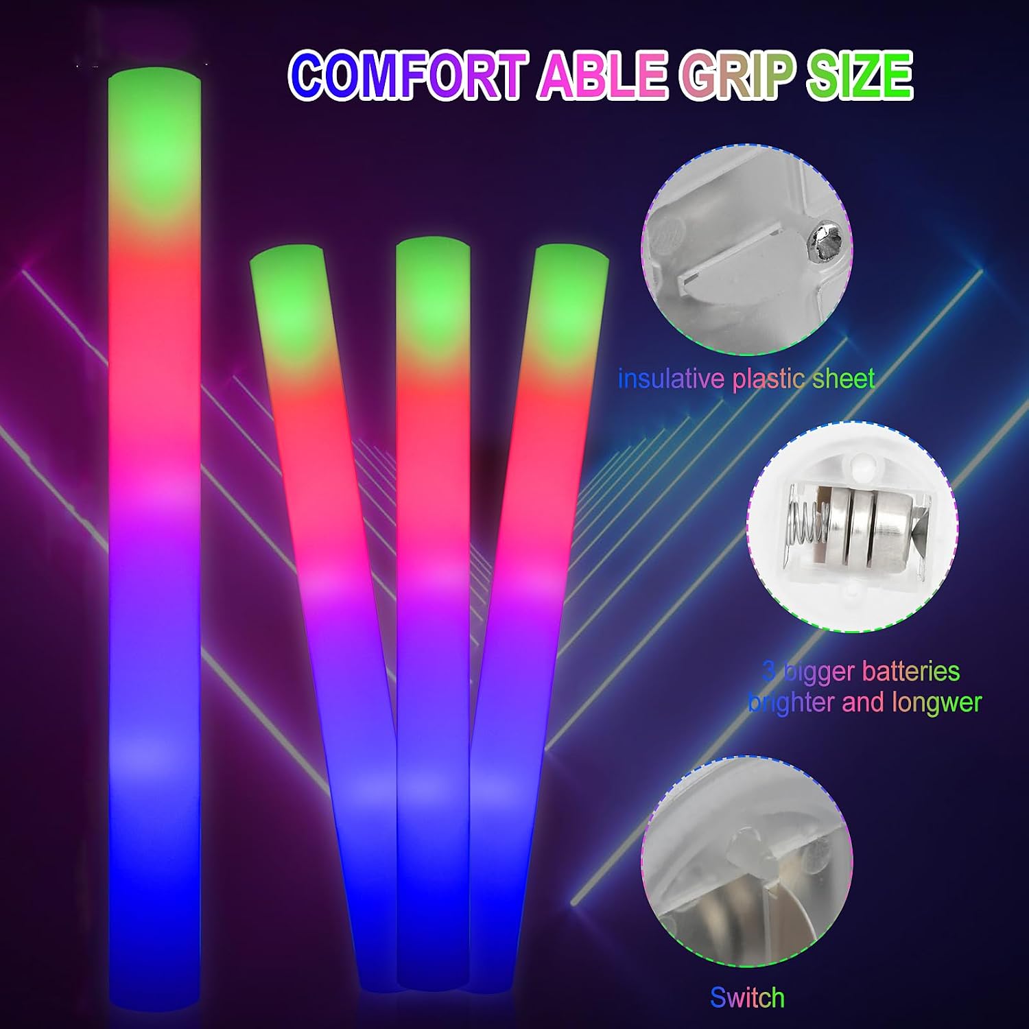 LifBetter 200 Pcs Foam Glow Sticks Bulk,Led Glow Sticks with 3 Modes Colorful Flashing,Long Life Battery Glow In The Dark Party Supplies for Weddings,Parties,Festivals,Sporting Events