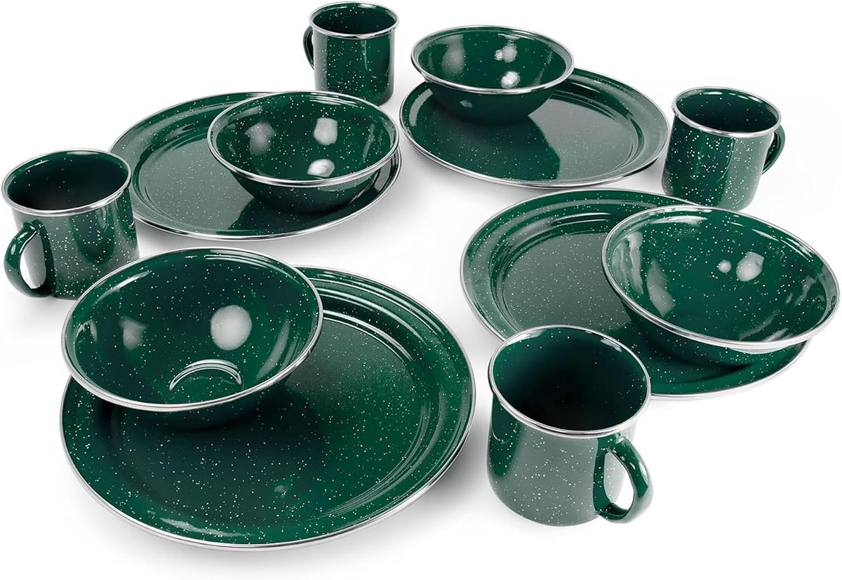 GSI Outdoors Pioneer Enamel 12 Pieces (4-Person) Dish Set I Enamelware Dishes Including Plates, Bowls and Mugs for Camping, Outdoors, RV, Camp, Blue