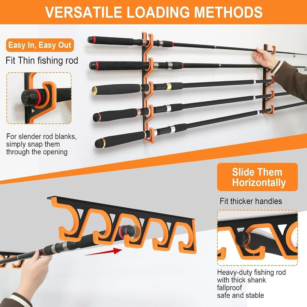 2 Pack Horizontal Fishing Rod Holders for Garage Wall & Ceiling, Anti-Scratch Soft PU Pad Rod Rack, Fishing Pole Storage Organizer Holds up to 10 Rod, Wall Mount Rod Keepers for Casting Rods