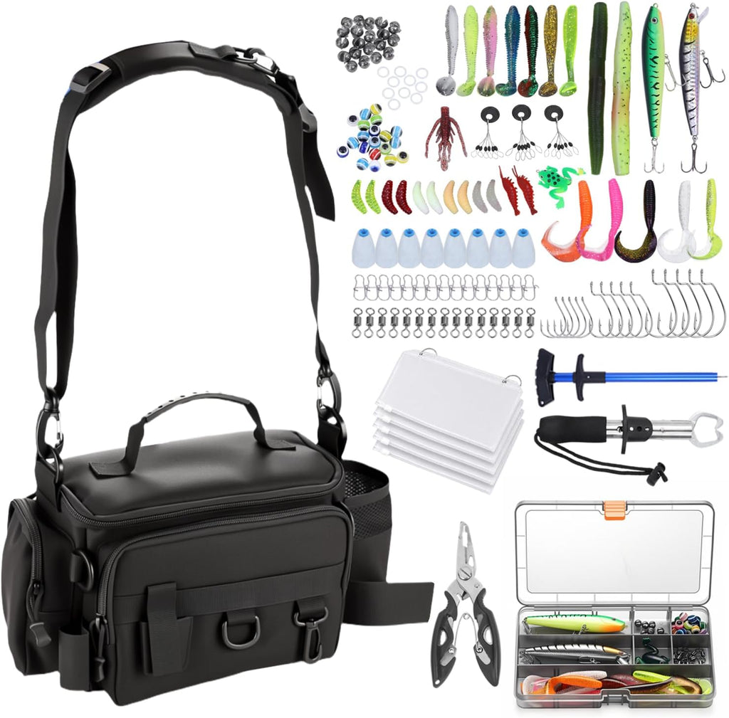 Fishing Tackle Bags with Tackle Box &Tool Set,Gifts for Men (Black)