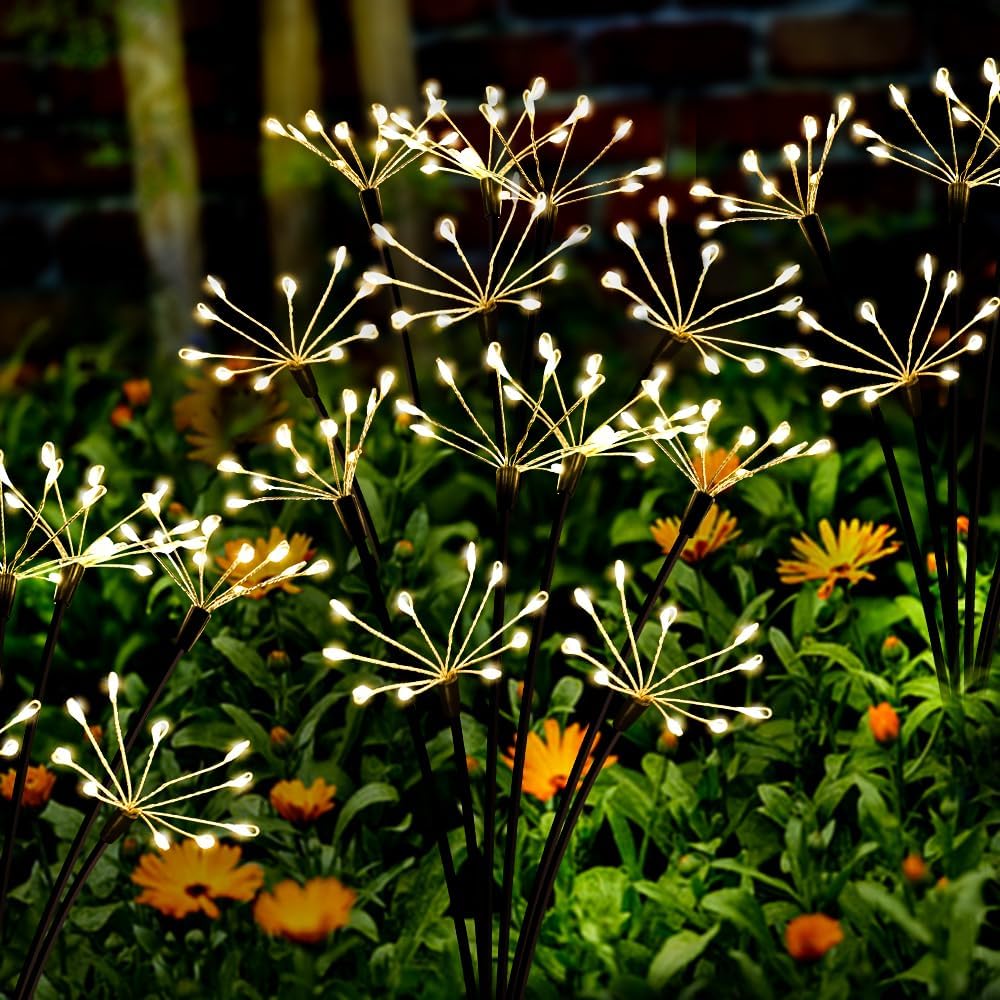 Kwaiffeo Solar Garden Lights 120 LED Decorative Firework Lights 2-Pack Warm