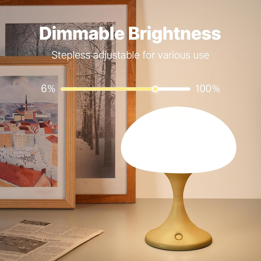 MAGCHARM Mushroom Lamp, 5W LED Cordless Rechargeable Table Lamp with Glass Shade, Small Retro Dimmable Touch Light with 3 Color Temps, Aesthetic Mid Century Bedside Light for Bedroom Ambient, Mustard