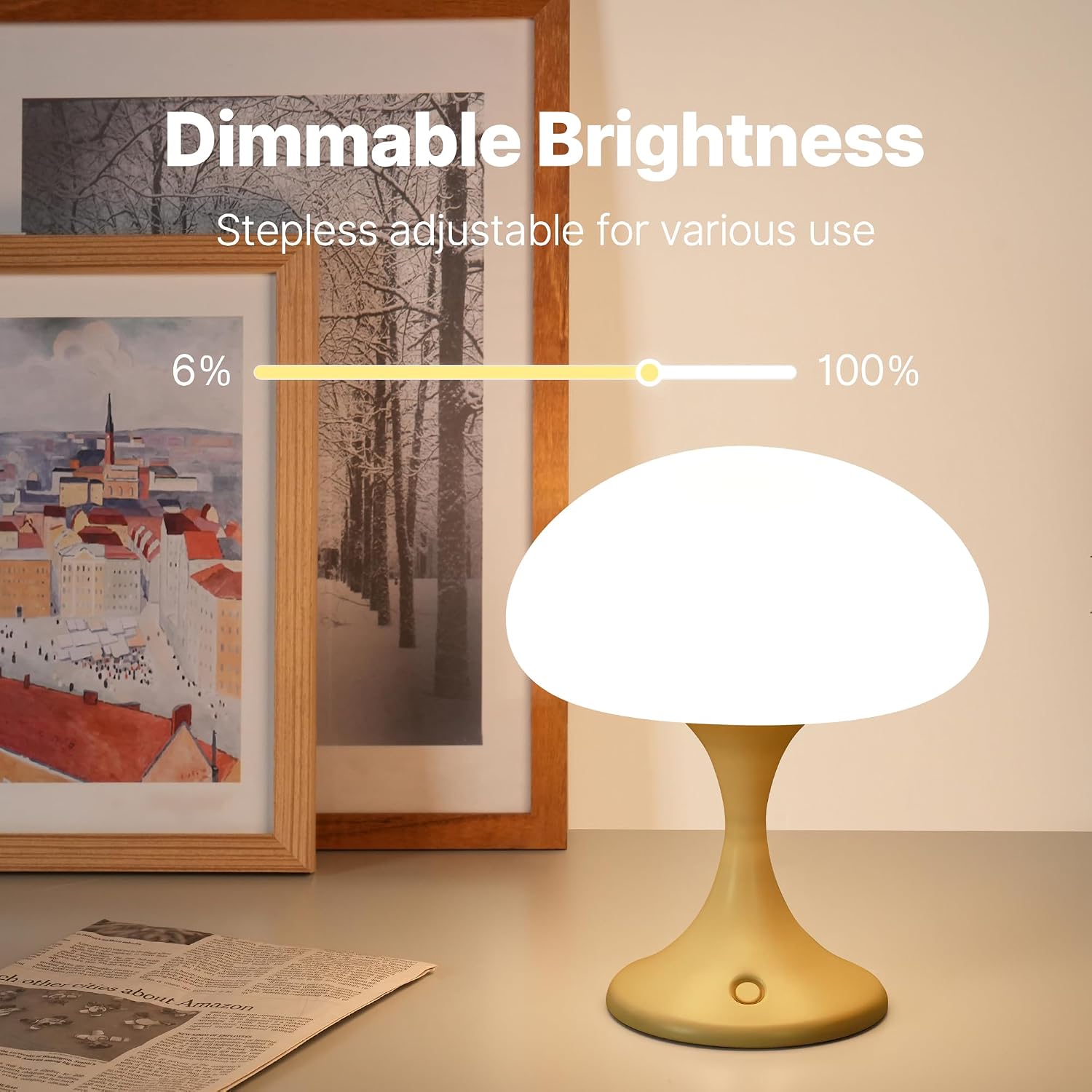 MAGCHARM Mushroom Lamp, 5W LED Cordless Rechargeable Table Lamp with Glass Shade, Small Retro Dimmable Touch Light with 3 Color Temps, Aesthetic Mid Century Bedside Light for Bedroom Ambient, Mustard