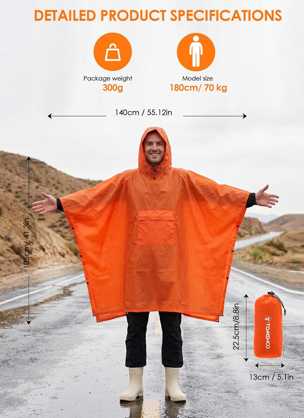 TOMSHOO Multifunctional Raincoat with Hood Waterproof for Adults