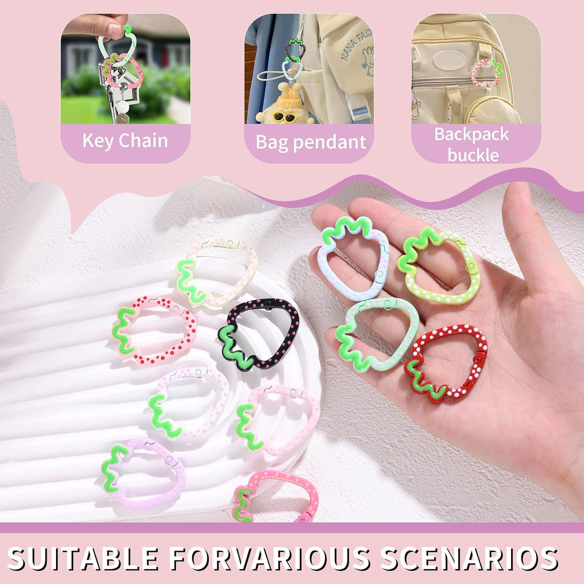 12 Pcs Cute Carabiner Keychain Clips,Strawberry Shape Keychain Rings, Metal Ring Spring,Flat Spring Ring for Purse Strap, Handbag, Key Chain Hooks Accessories