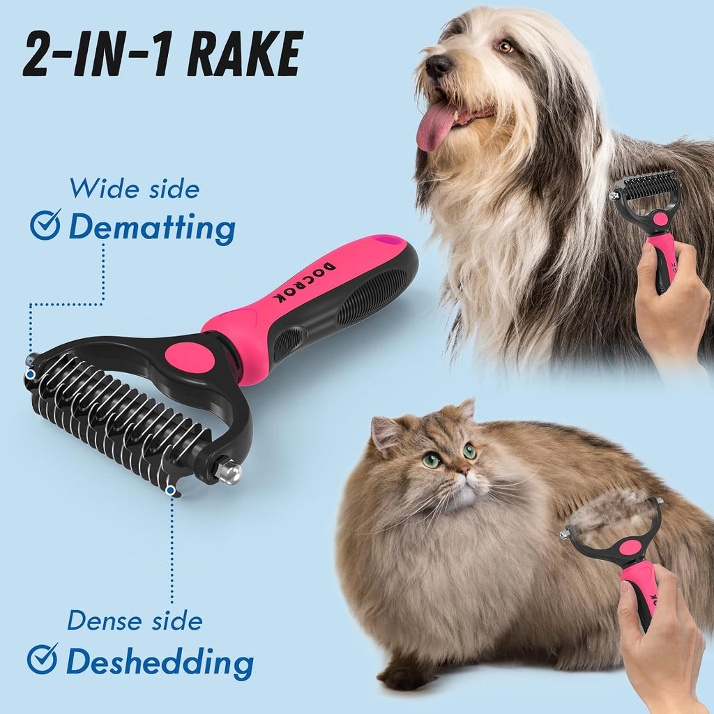 Docrok Pet Grooming Brush and Metal Comb Combo for Dogs & Cats, Pink