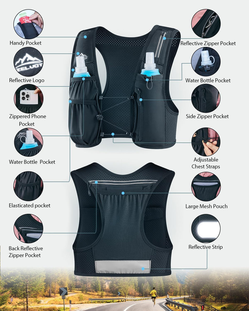 Zelvot Running Vest for Women Men, US Patent, Adjustable Chest Straps Running Hydration Vest with 500ml Soft Flask, Lightweight Reflective Hydration Backpack for Marathon