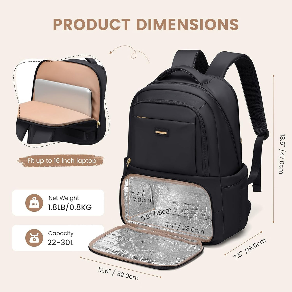 GOLF SUPAGS Lunch Backpack 16 Inch Laptop Backpack with Insulated Cooler Lunch Box Food Bag for College Work Camping Picnics (Black)