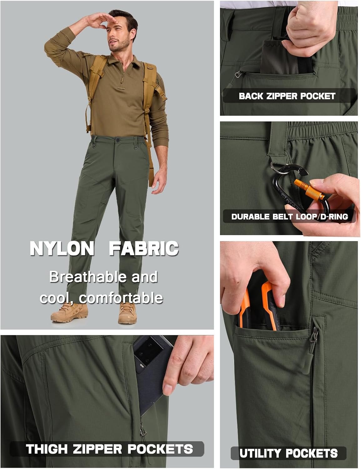 SPOSULEI Mens Lightweight Cargo Hiking Outdoor Quick Dry Work Tactical Pants 6 Pockets Water Resistant Fishing Travel Pants