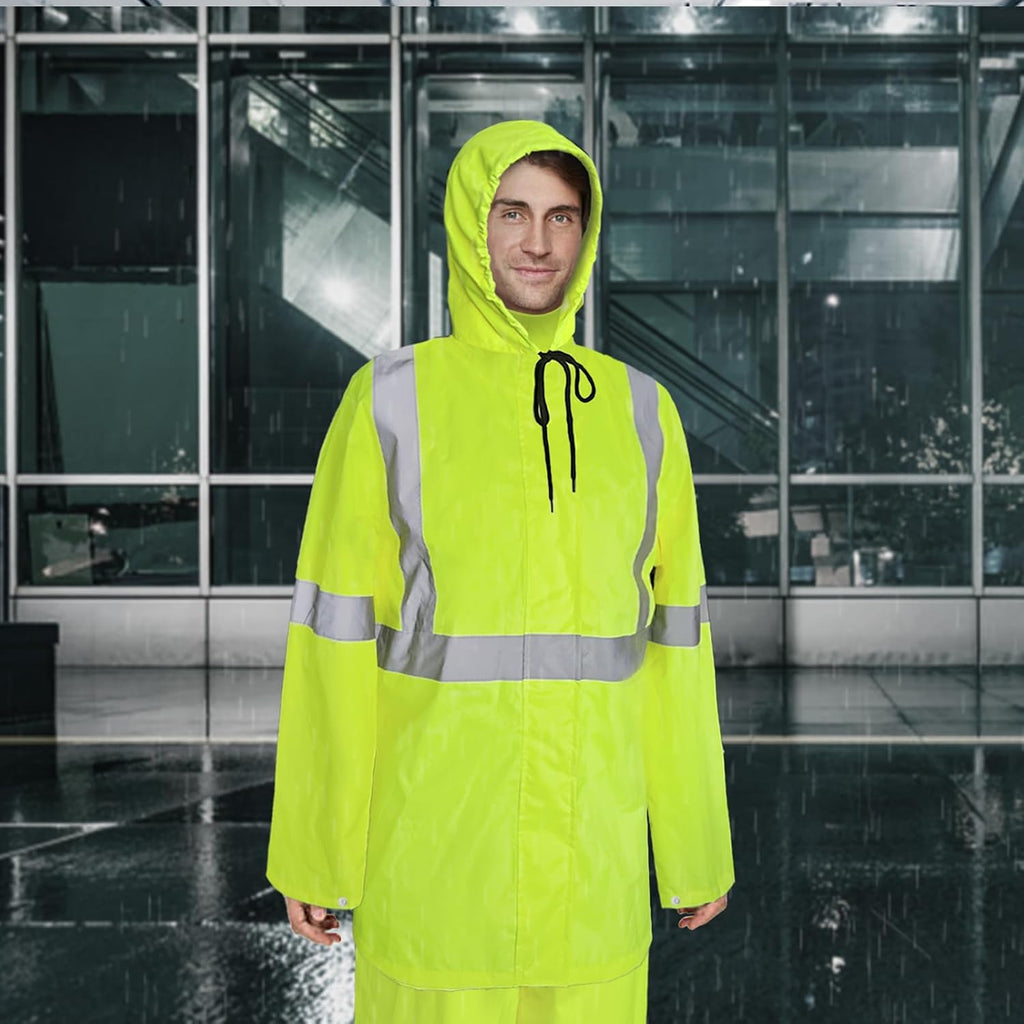 High Visibility Rain Jacket and Pants, High Vis Rain Suit for Men, Waterproof Rain Coat with Hood, Class 3 Lightweight Hi Vis Rain Gear for Outdoor& Safety Work, Men Women, Yellow B, 2XL-3XL