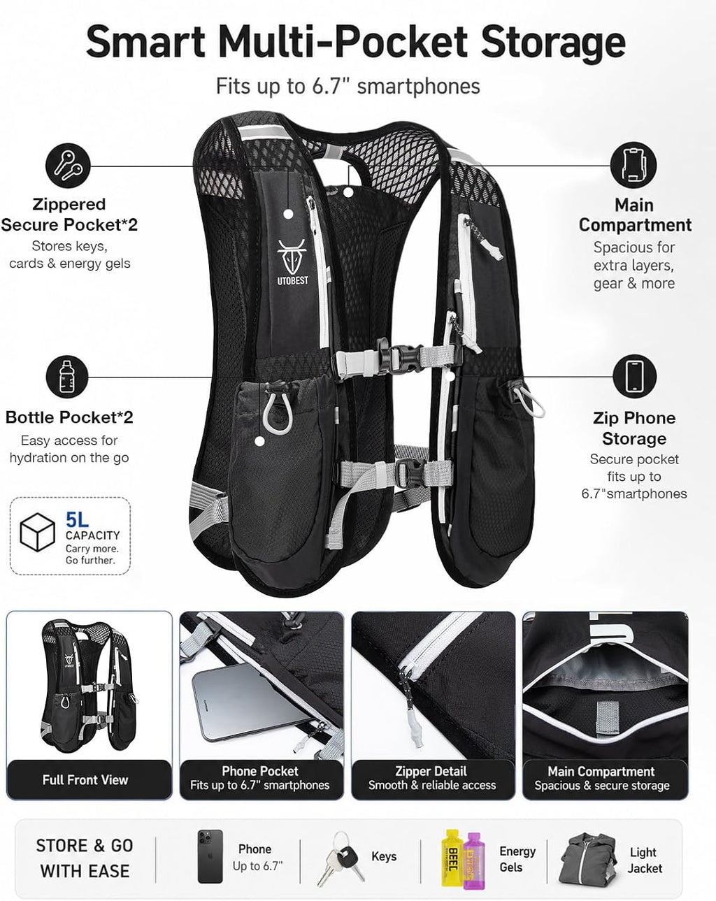 UTOBEST Running Vest Lightweight Hydration Vest Pack 5L UTR104