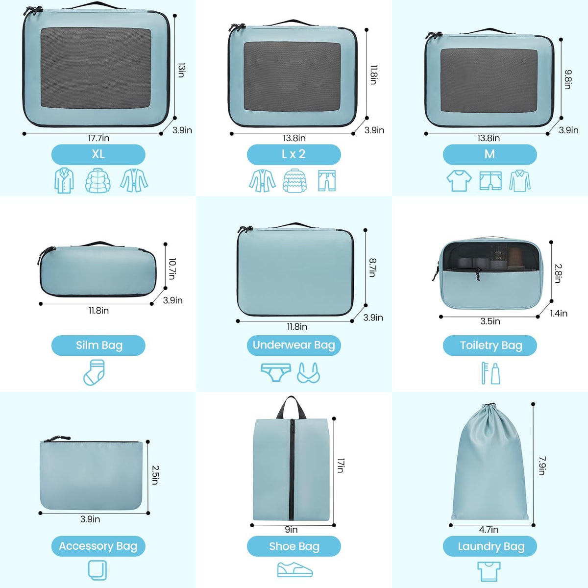 Mesh Packing Cubes for Travel, Durable Luggage Organizer with Sturdy Material and Double Zippers, Comprehensive Set for Travel Accessories Storage, 10 set, teal