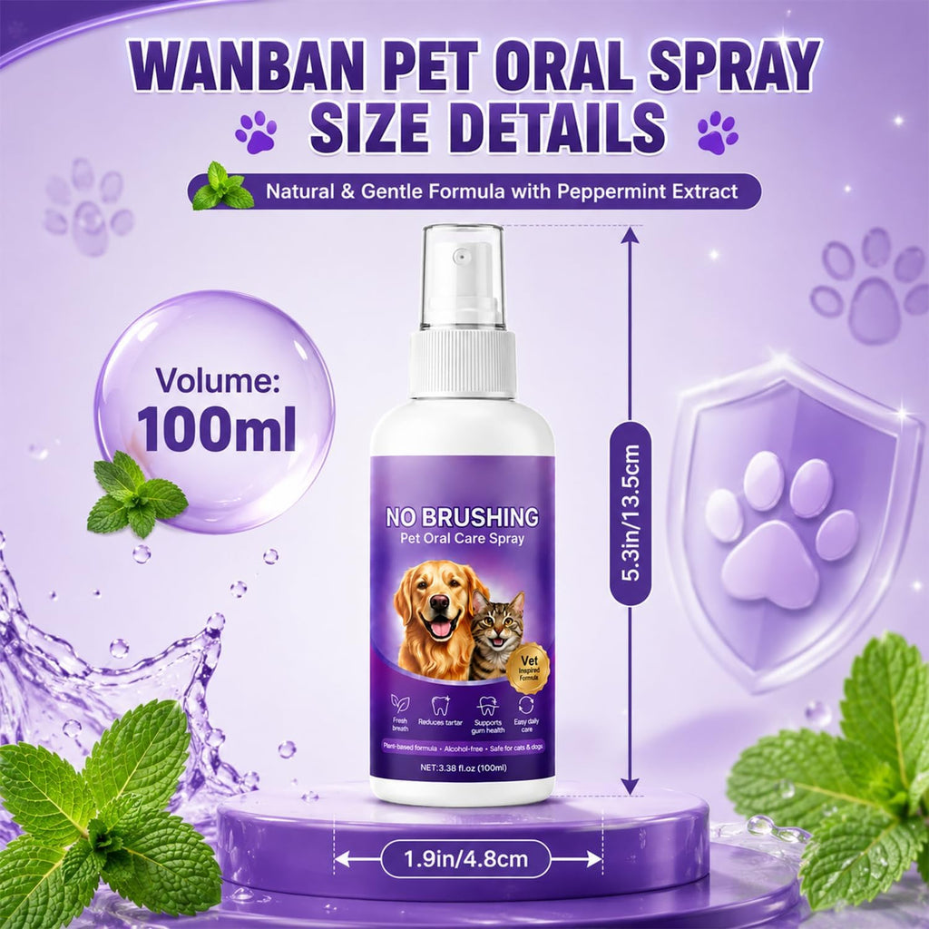 Wanban No Brushing Pet Oral Care Spray, Breath Freshener & Teeth Cleaning Spray for Dogs & Cats, Gentle Daily Oral Care for Pets