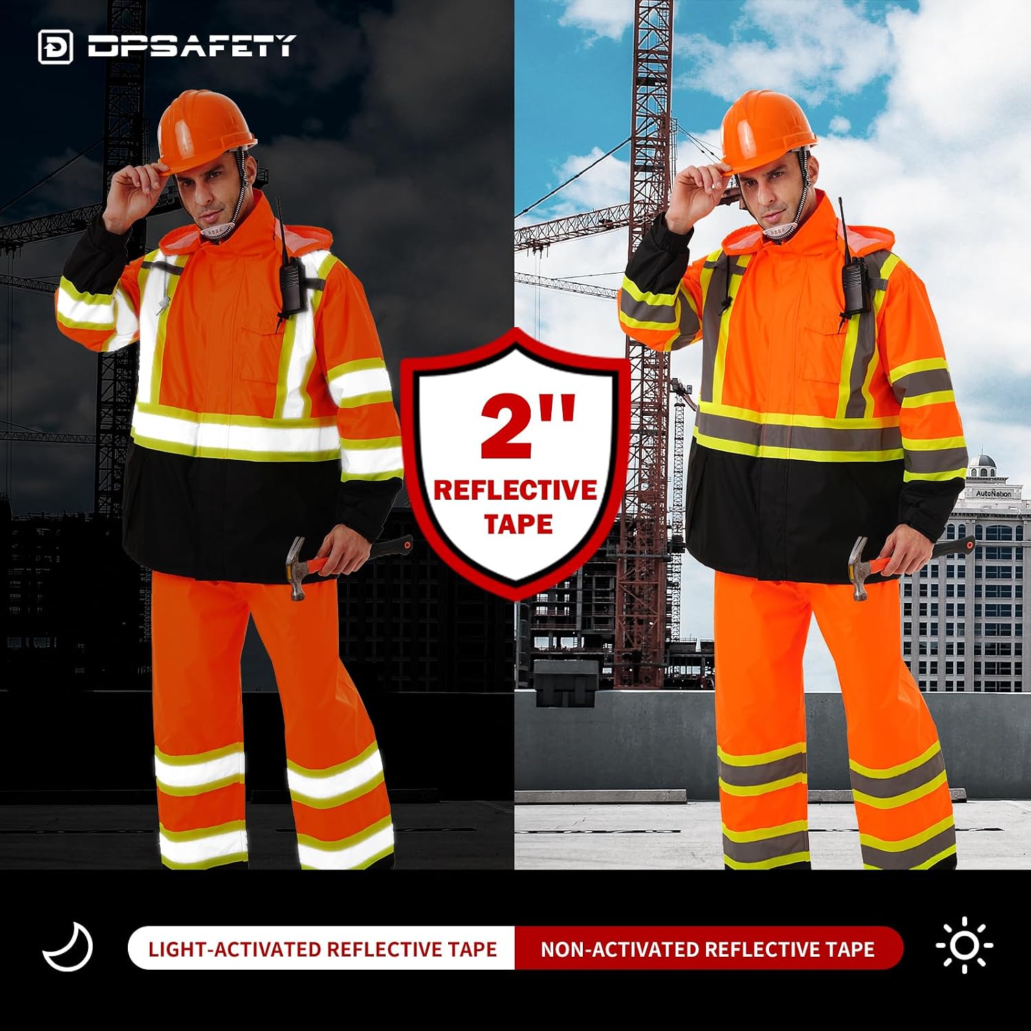 Hi Vis Safety rain Jacket，Reflective Class 3 Rain coat with Inner Mesh Lining and Pockets High Visibility Waterproof work Rain Suits for men&women（Orange,LG/XL）