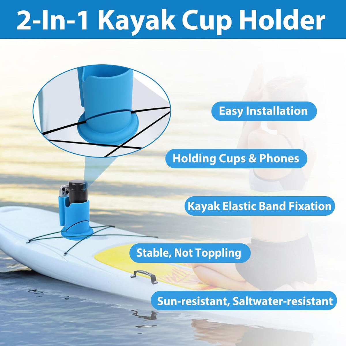 Paddleboard Cup Holder, 2 in 1 Drink Phone Holder for Kayaks SUPs, Blue