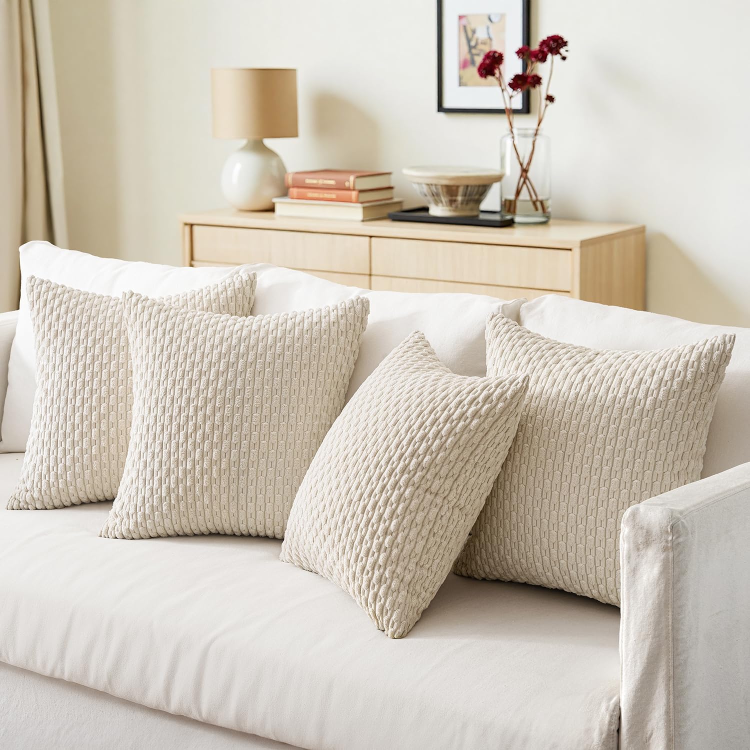 MIULEE Beige Decorative Throw Pillow Covers for Couch Living Room 18x18 Inch Soft Pillow Cases Set of 4 Boho Striped Corduroy Farmhouse Cushion Covers Home Decor for Sofa Bed