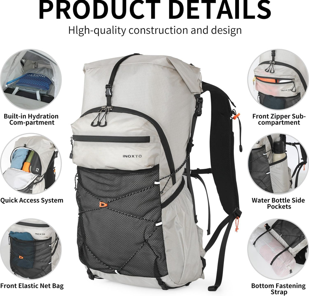 IX INOXTO Hiking Backpack for Men and Women, 30L Waterproof Camping Backpack with 3L Water Bladder and Rain Cover, Lightweight Outdoor Sport Travel Daypack Rucksack for Climbing Cycling (Light gray)