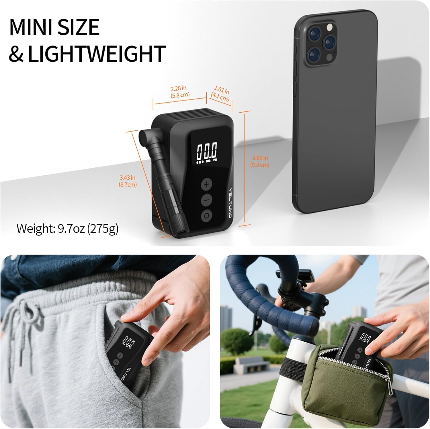 Mini Electric Bike Pump, Max 150 PSI Fast Inflation with Digital Pressure Gauge, Smart Auto Stop, USB-C Rechargeable, Presta & Schrader Valve for Road Bike, MTB, E-Bike, Motorcycle, Balls