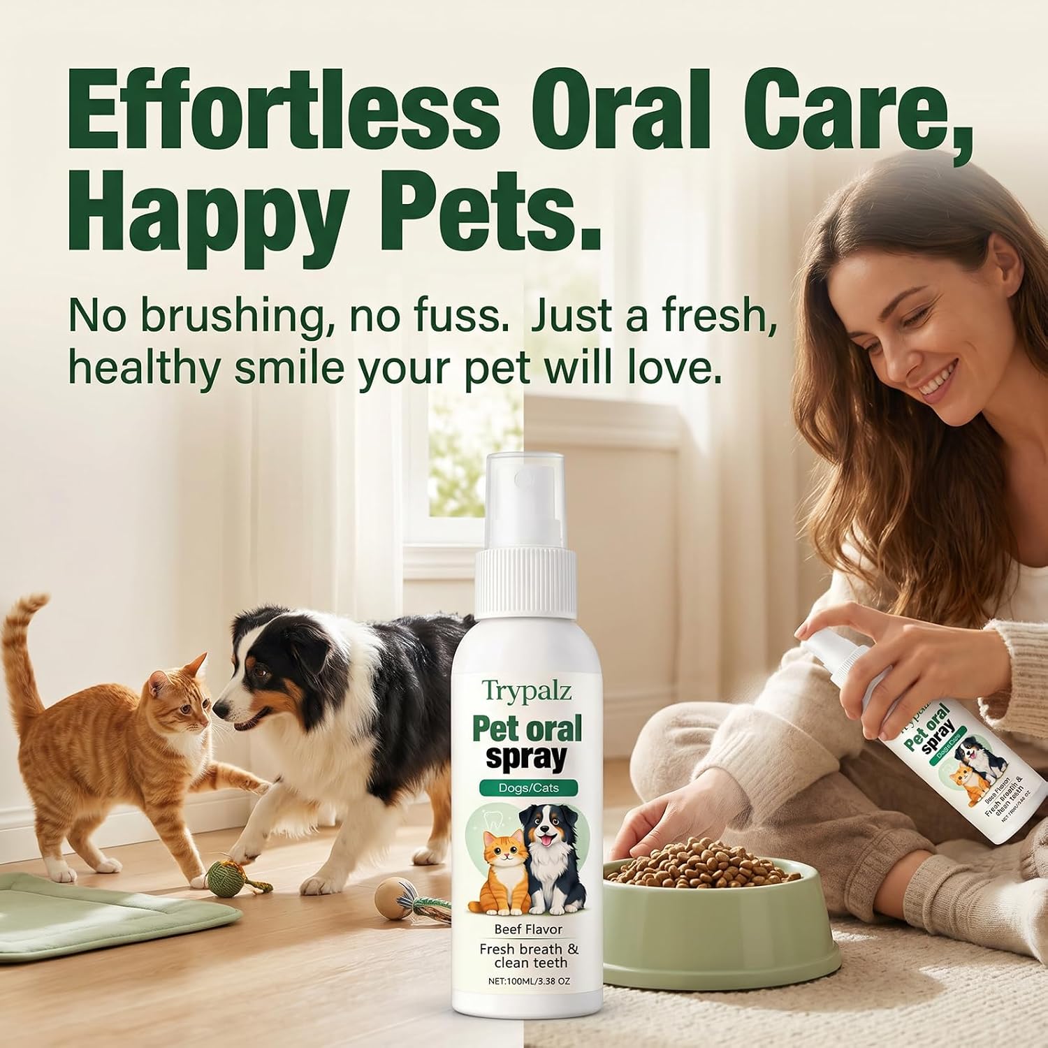 Halpilt Pet Oral Tartar Remover Spray, Trypalz Spray for Dogs & Cat, Plaque & Tartar Remover, Supports Fresh Breath & Clean Teeth, Eliminates Bad Breath for Healthy Gums, Beef Flavor (1)
