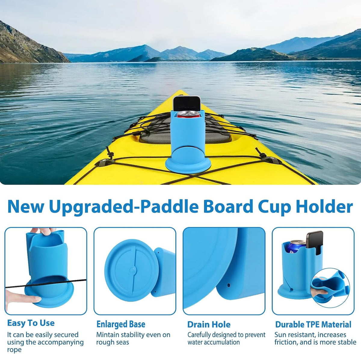Paddleboard Cup Holder, 2 in 1 Drink Phone Holder for Kayaks SUPs, Blue