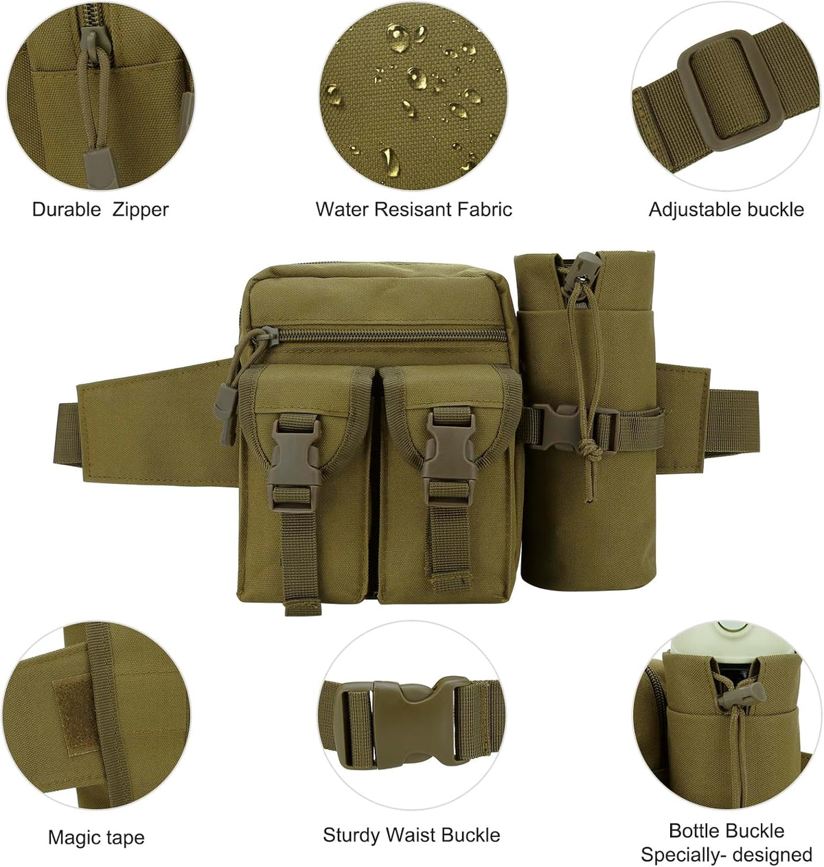 DOB SECHS Hiking Waist Bag with Detachable Water Bottle Holder and Adjustable Waist Belt Oxford Fanny Pack for Men Women Causal Belt Bag for Travel Outdoor Fishing Running Hiking Hunting,Khaki