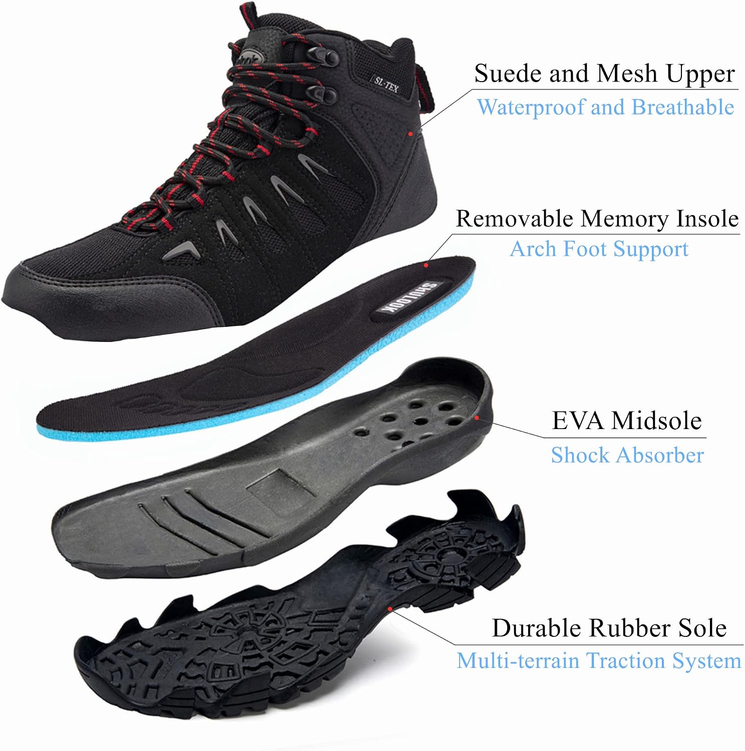 SHULOOK Men's Waterproof Hiking Boots Non-Slip Lightweight Mid Top Ankle Boot Breathable Hiker Trekking Shoes