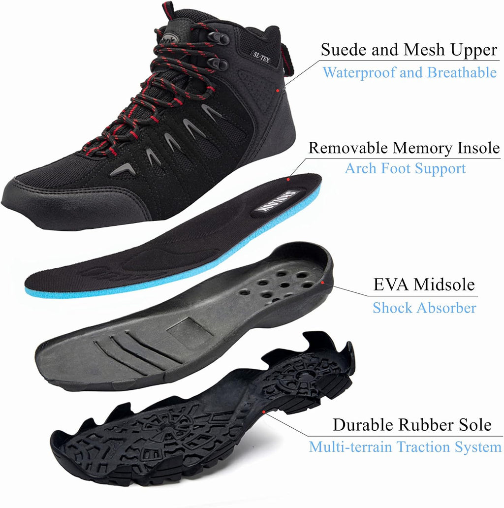SHULOOK Men's Waterproof Hiking Boots Non-Slip Lightweight Mid Top Ankle Boot Breathable Hiker Trekking Shoes