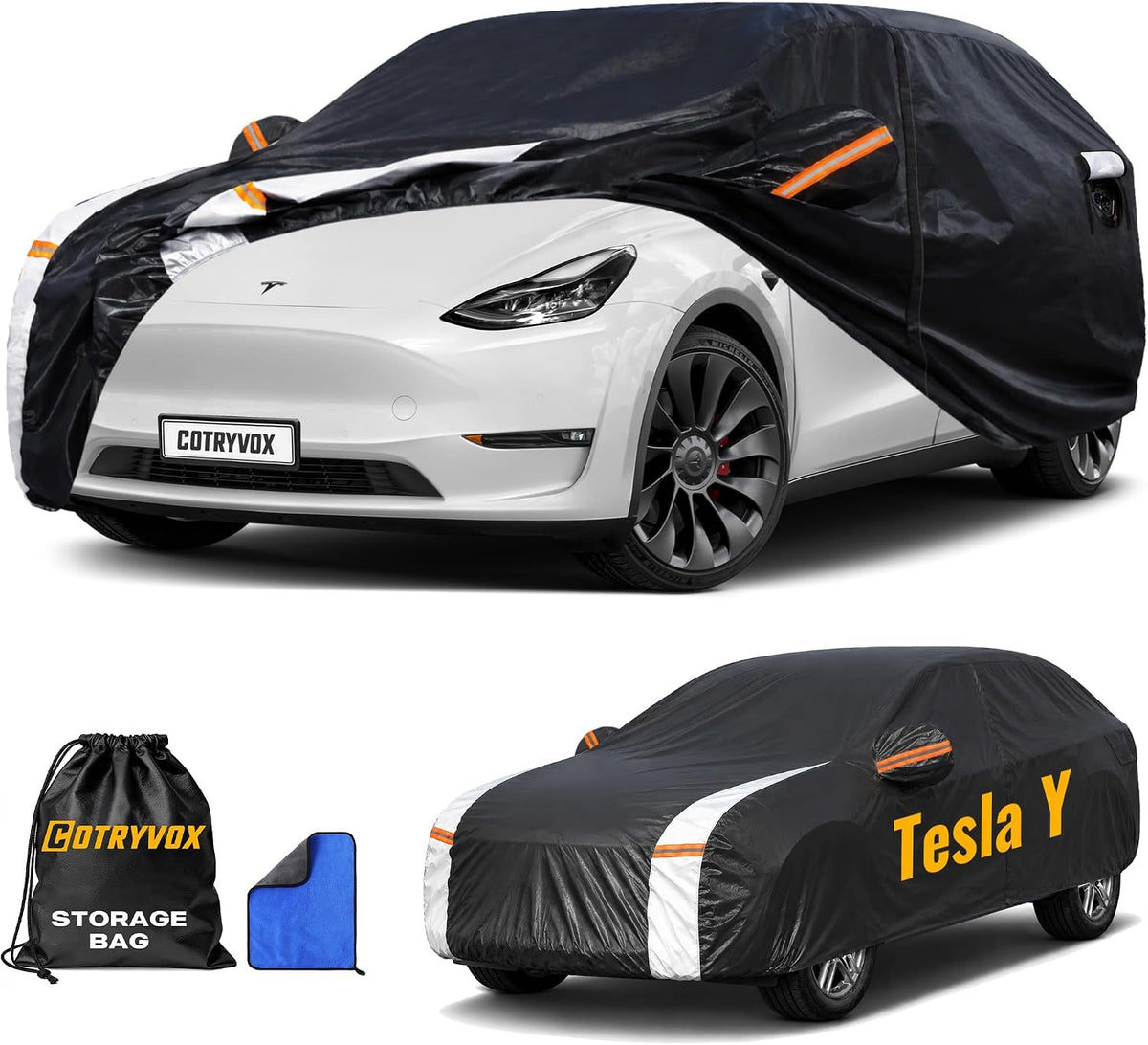 Multi-Layer Custom Fit Car Cover for Tesla Model Y/Model Y Juniper(2020-2026), Upgraded Waterproof All-Weather Full Exterior Cover with Charging Port and Zipper, for Snow Rain Dust and UV Protection.
