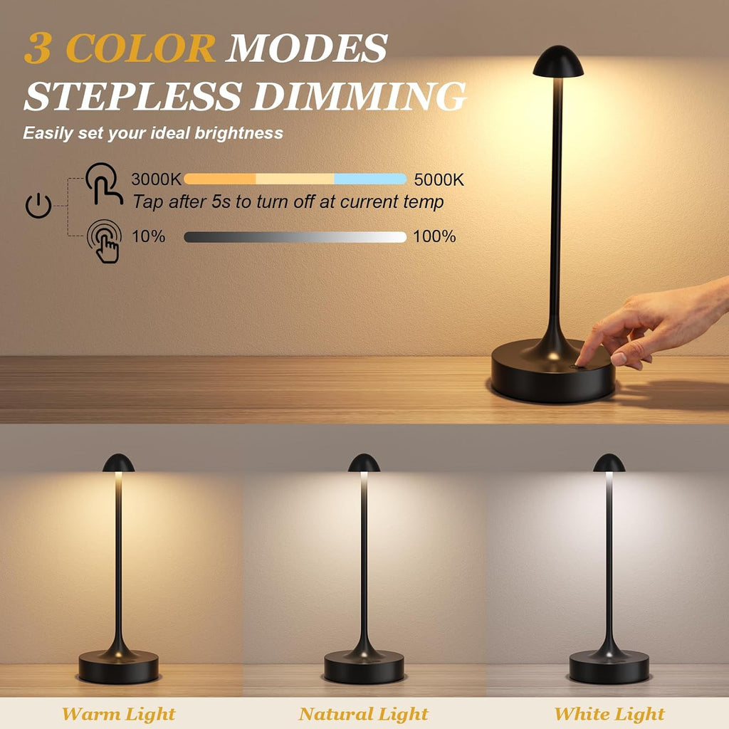 Cordless Rechargeable Table Lamp, Battery Operated Desk Lamp, Black, 2 Pack