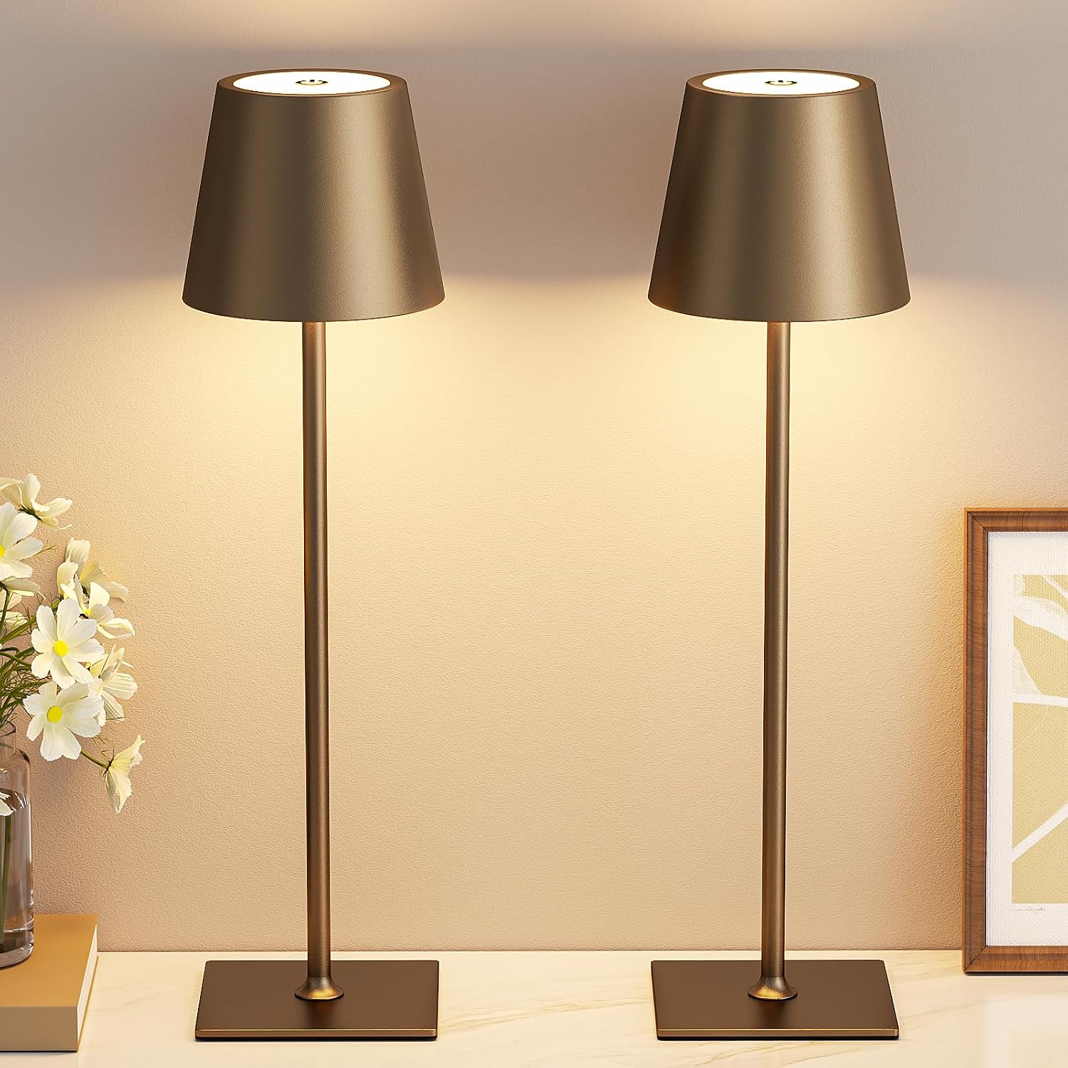Kakanuo Brown Cordless Rechargeable Table Lamp 5000mAh Battery Operated Lamps, 3 Colors Stepless Dimming Touch Lamp for Living Room, Kitchen Counter, Dining, Outdoor Patio, 2 Pack