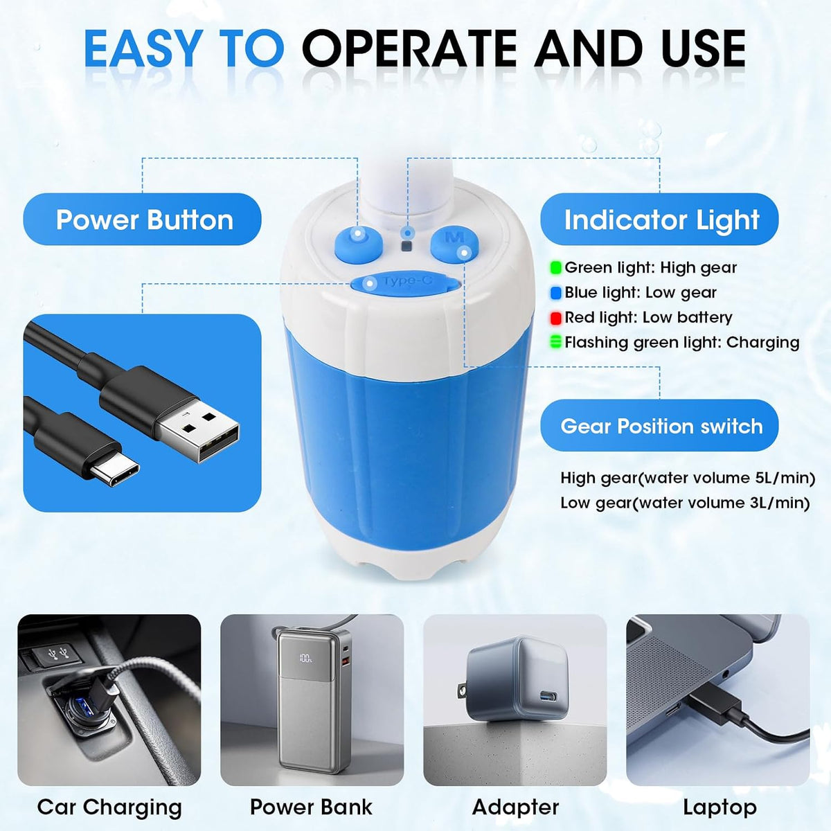 Portable Camping Shower, Outdoor Shower Kit, Hose& Folding Bucket, Rechargeable Powered Portable Shower for Camping, Hiking, Beach,RV,Pet Cleaning & Road Trips