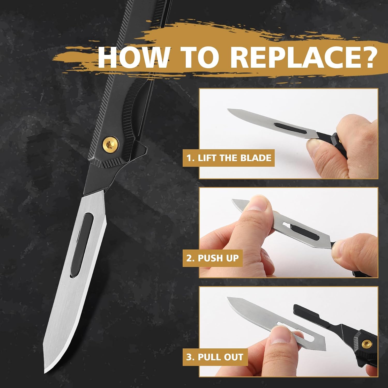 Folding Scalpel Knife, Mini Slim Pocket Knife with 10pcs #60 Scalpels Replaceable Blades, EDC Utility Knife with Liner Lock, Pocket Clip, Ideal Gifts for Men and Women（Black）
