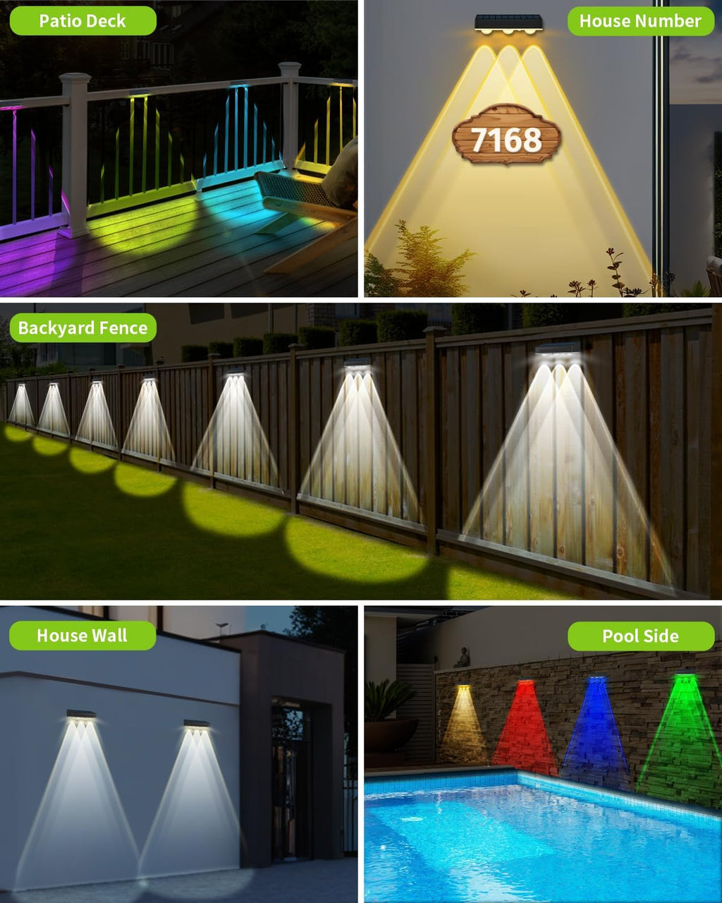 Solar Fence Lights Outdoor 12 Pack Upgraded High Brightness 3 LED Spot Lens Waterproof Deck Lights 7 Mode Warm&Cool White RGB Solar Powered Wall Lighting Decor for Outside Patio Step Backyard Railing