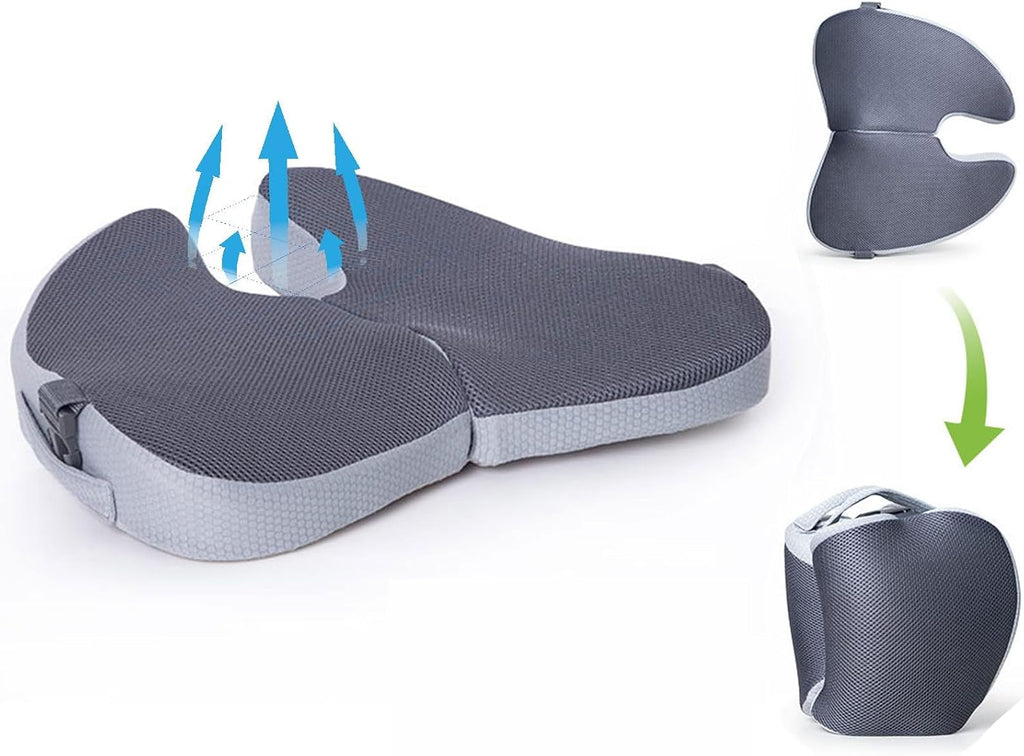 Small Travel Seat Cushion for Airplane,Portable Foldable Seat Cushion,Sciatica Pain Relief with Built-in Handles-Memory Foam Chair Cushions to Enhance Posture & Back Pain,for Car, Office, Gaming (