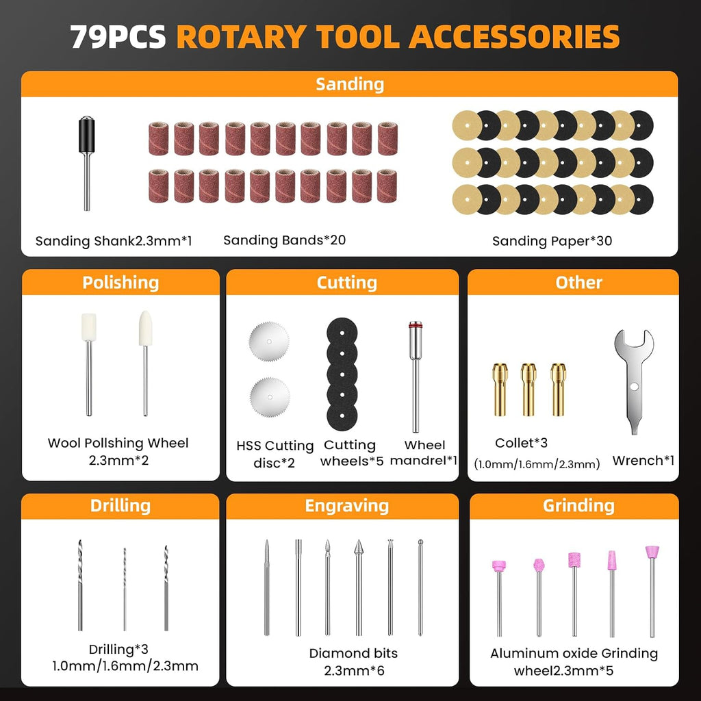 4V Mini Cordless Rotary Tool, 18000RPM 5-Speed Rotary Tool with 79Pcs Accessories, Type-C Fast Charging, for Engraving, Polishing, Grinding, Sanding, Drilling (Orange)