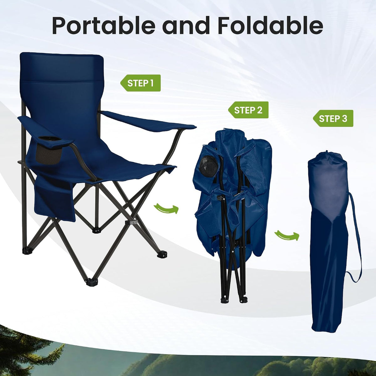 Camping Chairs for Adults 2 Pack, 300LBS Heavy Duty Reinforced Steel Portable Folding Chairs, Ergonomic High Back Outdoor Chair with Cup Holder & Side Pocket, Lightweight Set for Beach Picnic, Blue