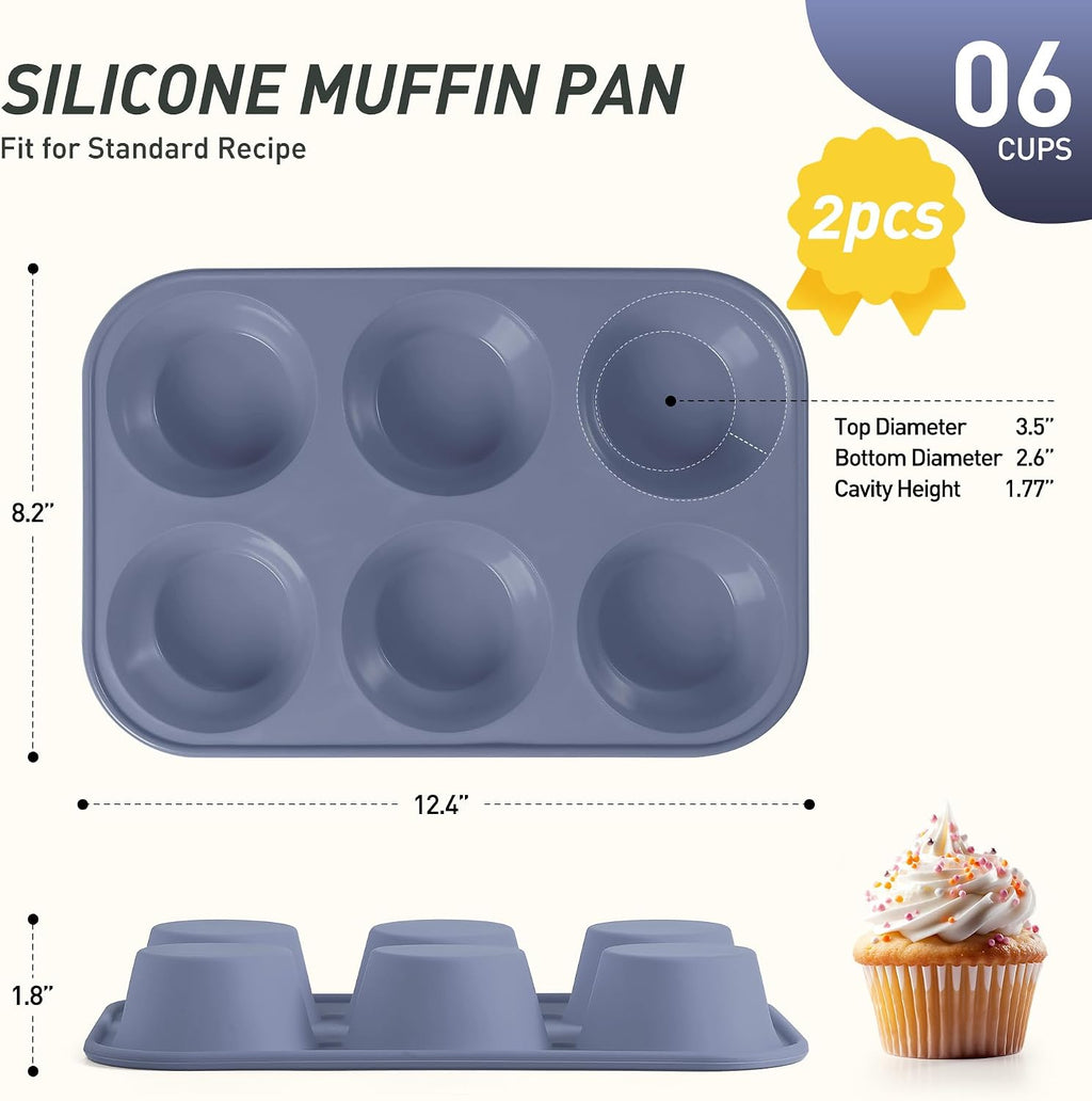 Socisen 2 Pack 6 Cups Jumbo Muffin Pan with Metal Reinforced Frame Silicone Molds Egg Bites Silicone Circle Cookie Molds Extra Large Muffin Tin Jumbo Tart Pans Baking Sheet Set for Sandwiches