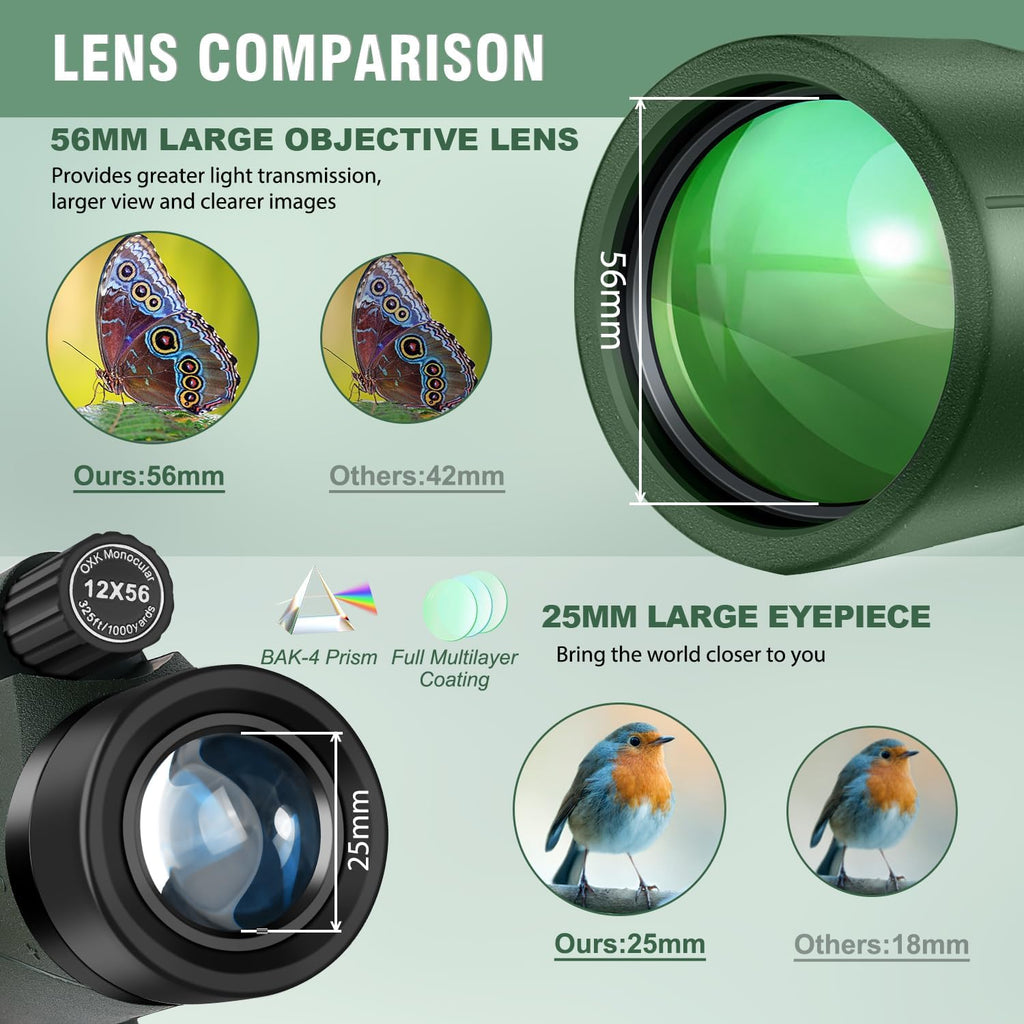 12x56 High Power Monocular Telescope with Tripod Bag, Handheld Monoculars for Adults with BAK4 Prism & FMC Lens, Suitable for Bird Watching Camping, New-Upgraded BAK4 - Hunter Green